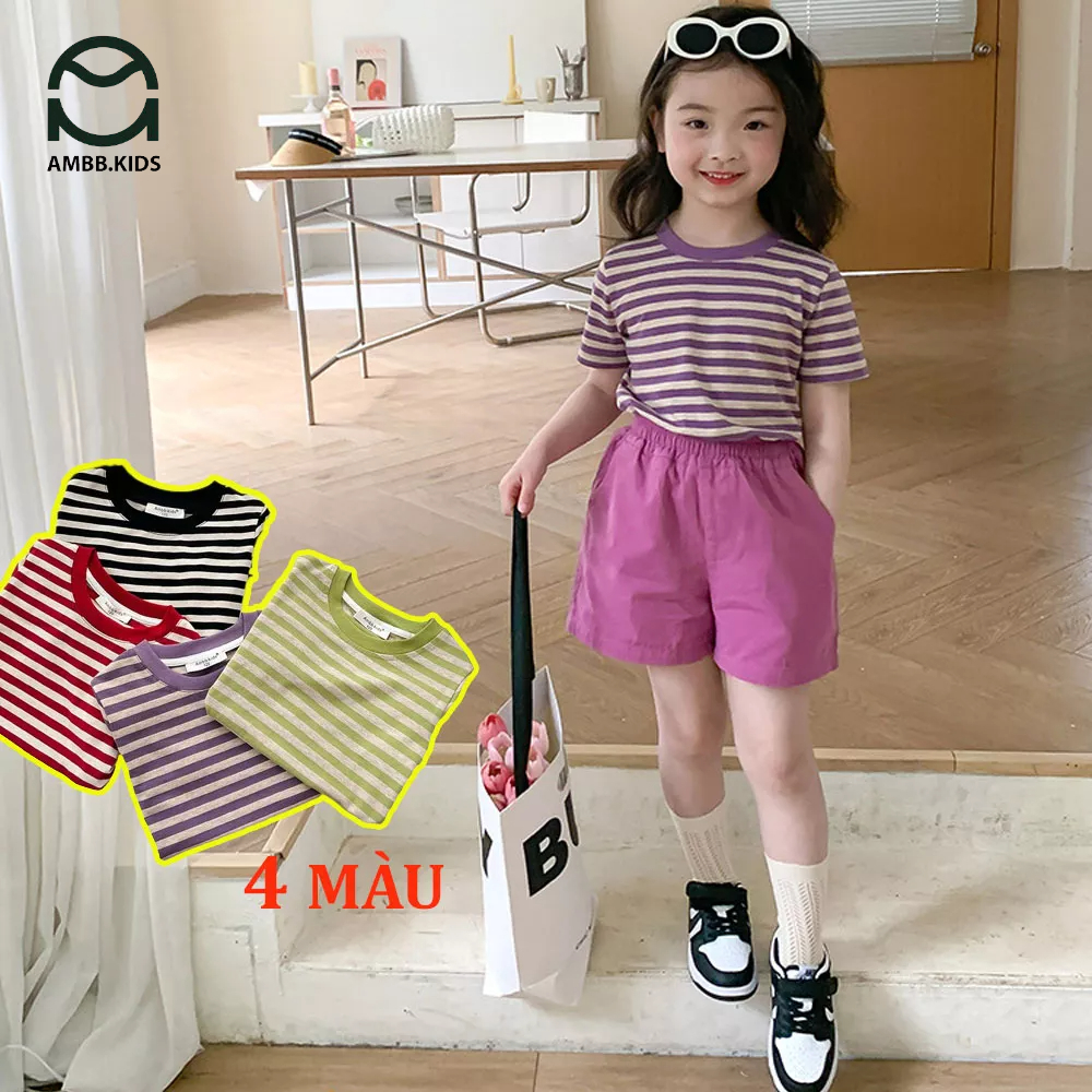 Áo phông cộc tay kẻ sọc cho bé gái AMBBKIDS chất thun cotton mềm mát, thân thiện với da bé