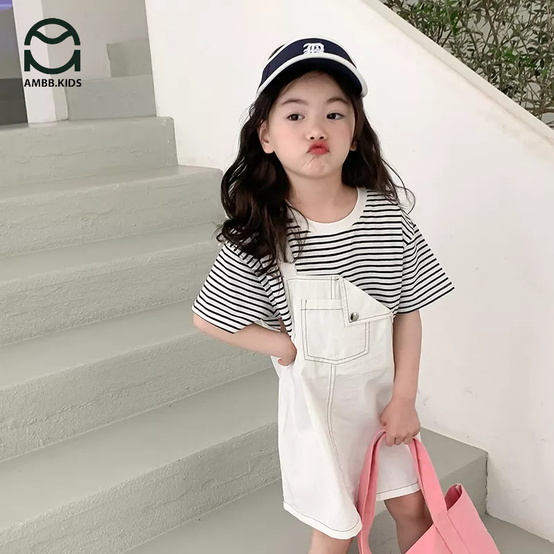 Váy suông hai dây giả yếm cho bé gái AMBBKIDS, vải thô cotton thấm hút mồ hôi tốt, thân thiện với da bé