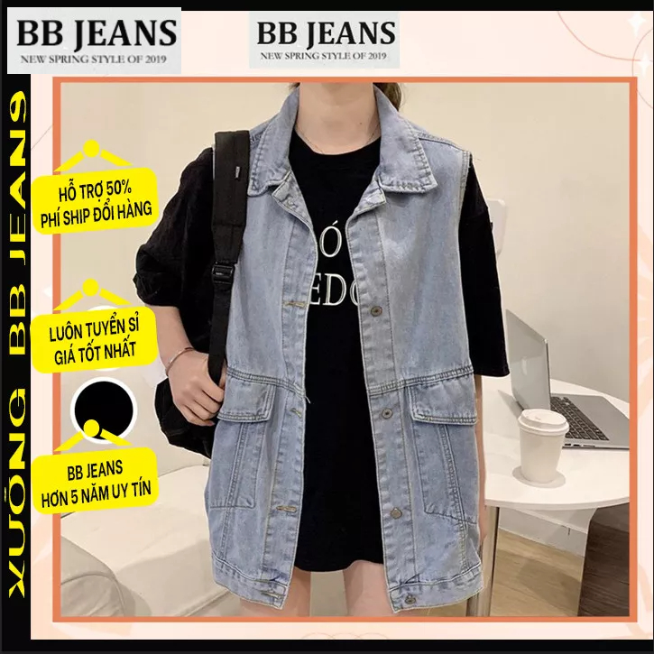 Áo gile jean nam nữ cá tính BB Jeans, áo khoác bò dáng rộng phong cách Ulzzang Hàn Quốc form rộng dà