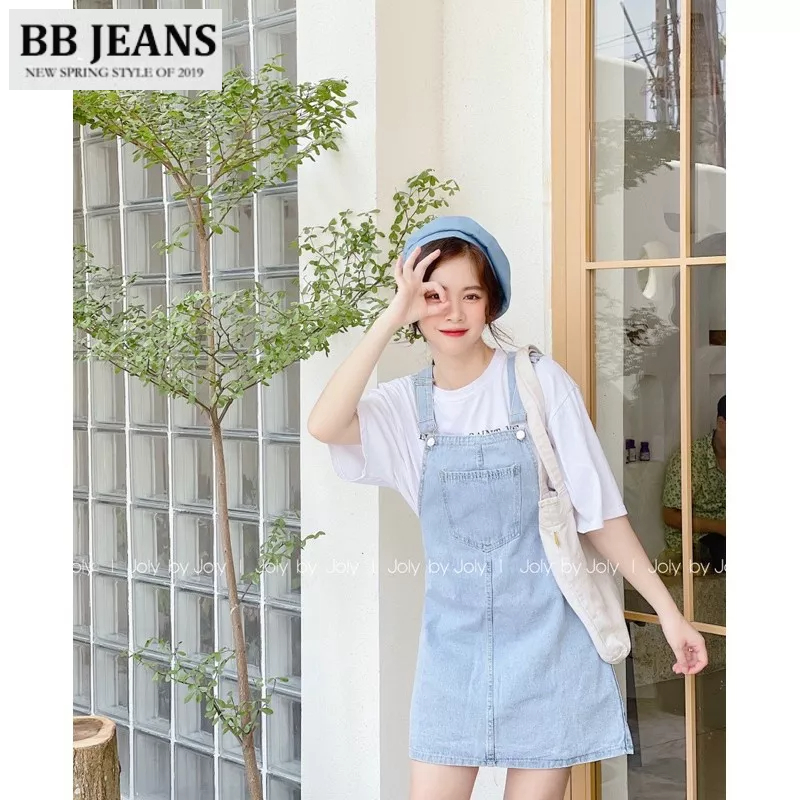 Yếm váy jean nữ dáng dài xẻ trước phối túi lớn trước ngực dịu dàng nữ tính phong cách Hàn Quốc - yếm váy ngắn BB Jeans