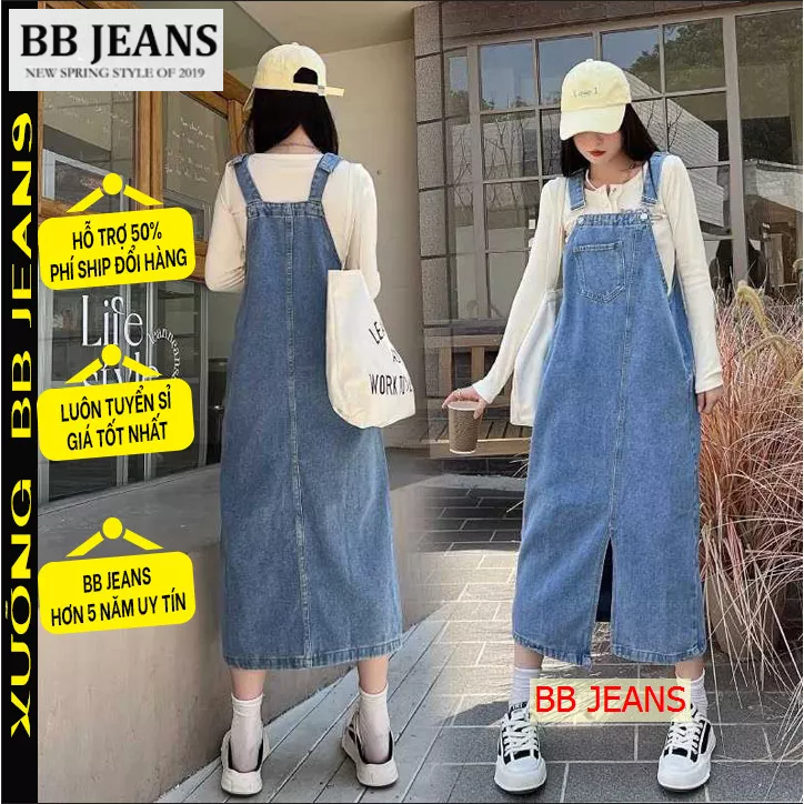 Yếm Váy Bò, Yếm Váy Jean Nữ Dài Qua Gối, Yếm Bò Dài Xẻ Lệch Trước Y2 - Yếm váy jean ngắn cho Teen BB Jeans