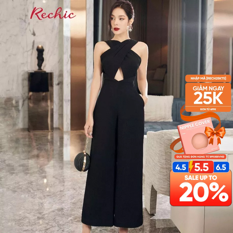 RECHIC Jumpsuit dài Ahn kiểu bắt chéo thân trên thời thượng phù hợp đi dự tiệc