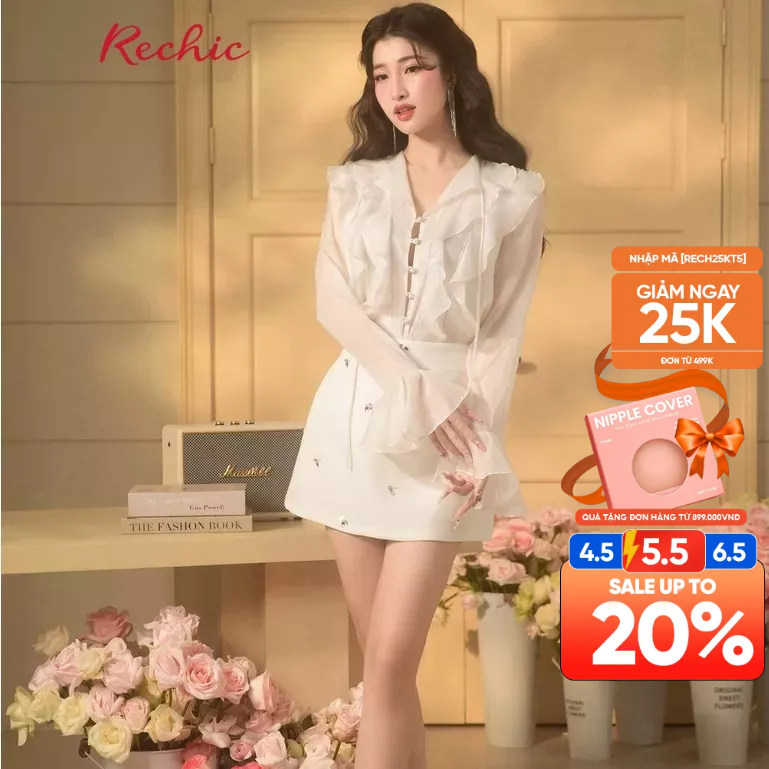 RECHIC Chân Váy Karie dáng chữ A chiết eo đính hạt họa tiết chiếc lá sang trọng