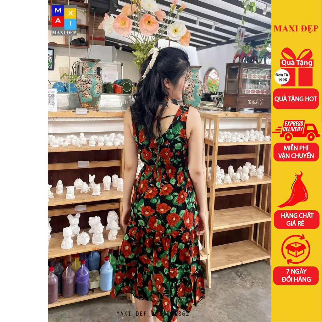Maxi Lanh Sát Nách Cổ Tim Hoa Cam Kiểu Dáng Midi Hoa Cam( Thiết Kế Maxidep Có Size) Xinh Xắn