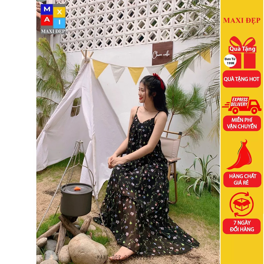 Đầm 2 Dây Suông Hoa Đen Nhí Dáng Xòe Thiết Kể Bởi Maxi Đẹp Size S M L Đến 80Kg