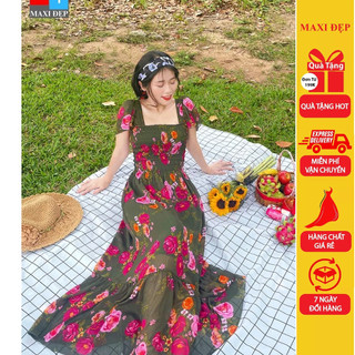 Đầm Maxi Cánh Tiên Bông Hồng Nền Xanh Rêu Freesize Độc Đáo