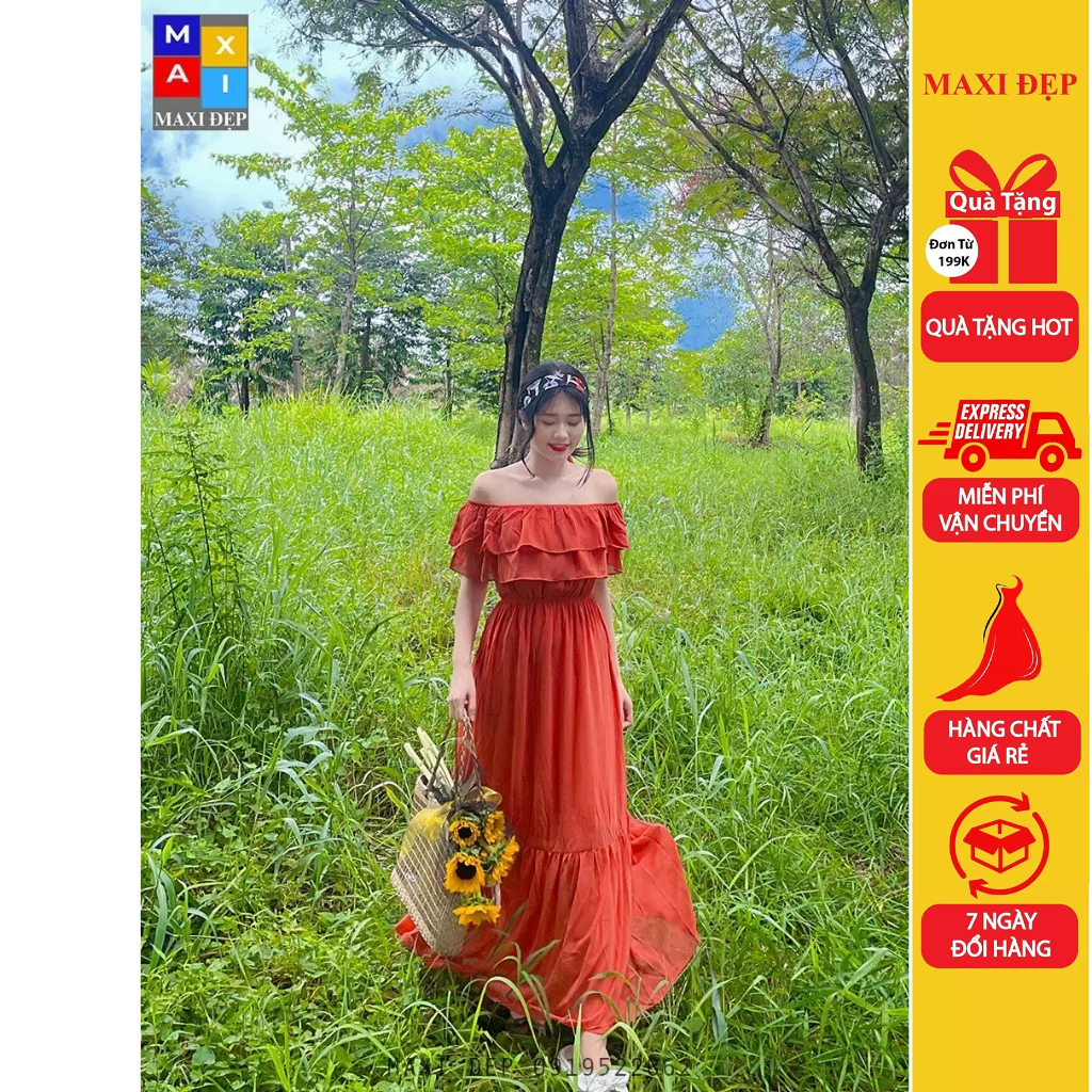 Đầm Trễ Vai Cao Cấp Bèo Ngực Màu Cam Nổi Bật Thướt Tha Thiết Kể Bởi Maxi Đẹp (Full Size Kèm Cận Cảnh)