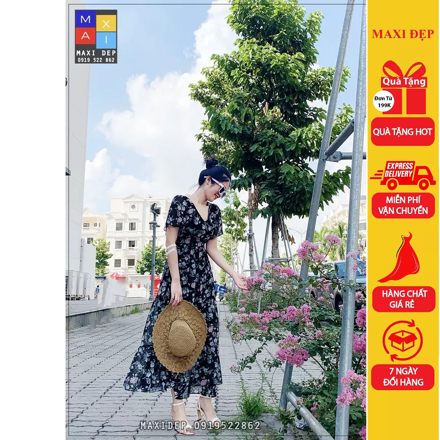 Đầm Maxi Voan Hoa Đen Nổi Siêu Sang Dự Tiệc ( Hàng Thiết Kế Maxi Đẹp Full Size)