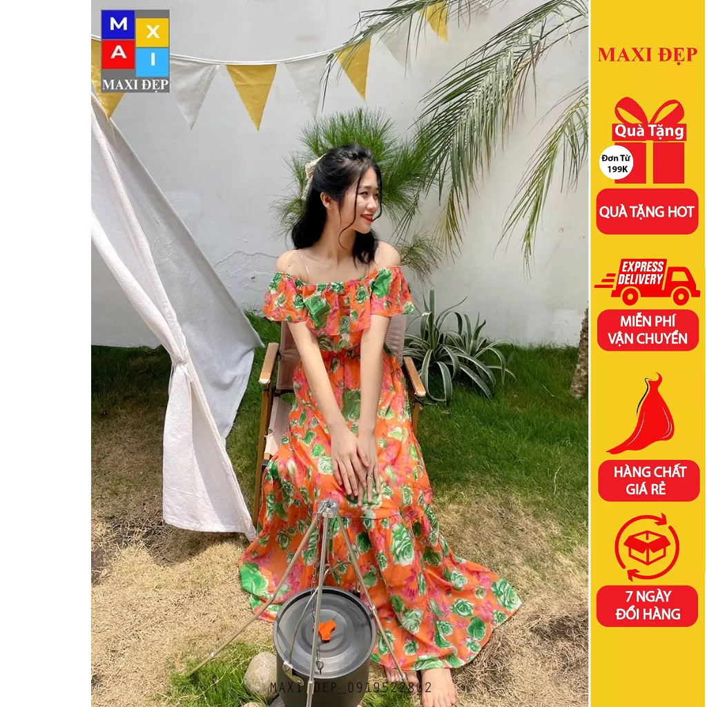 Đầm Trễ Vai Cao Cấp Maxi Đẹp Hoa Xanh Nền Cam Dáng Dài Thướt Tha Hàng Thiết Kế Có Size Đến 75Kg