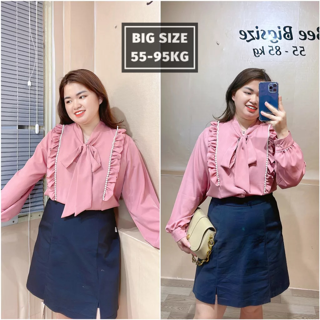 Áo sơ mi bigsize dài tay cổ nơ, phối ngọc, sơ mi nữ bigsize kiểu cách điệu màu hotrend đủ size 50-80kg