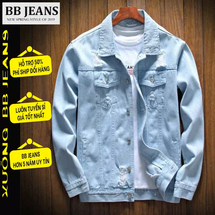 Áo Khoác Jeans Xanh Rách Dành Cho Nam Nữ Hot Nhất Năm AKJNA79 form rộng 40-85kg BB Jeans