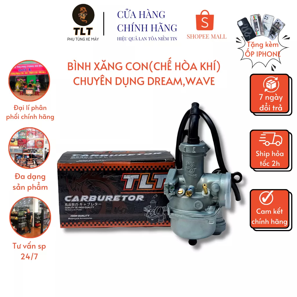Bình xăng con TLT, bộ chế hòa khí phù hợp cho các dòng xe honda Dream/Wave 100cc sản xuất Nhật Bản bảo hành 12 tháng