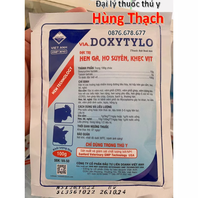 Via.DOXYTYLO 100g hô hấp, CRD, CCRD Hen gà, khẹc vịt, ho suyễn trên gia súc,gia cầm Doxy Tylo