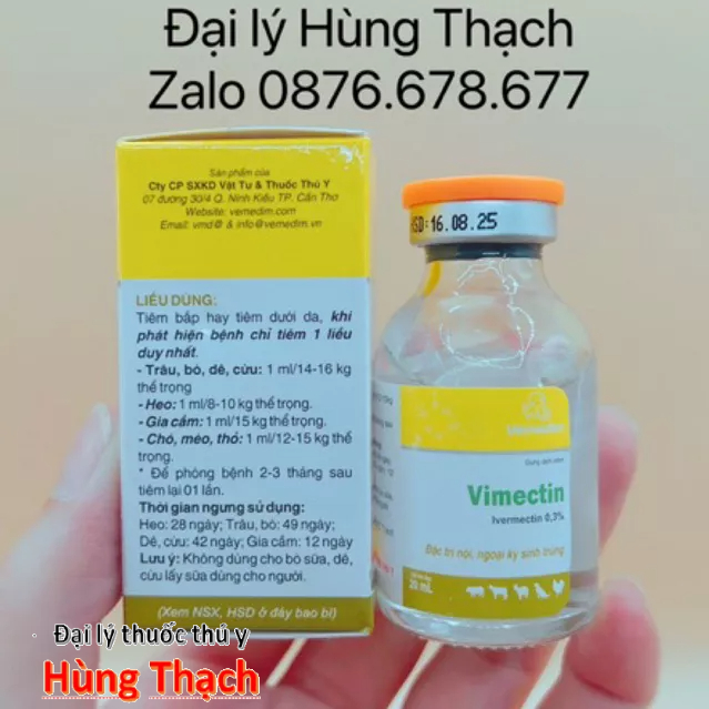Vimectin lọ chai 20ml tiêm nội ngoại kí sinh trùng, diệt giun, ve, rận,bò chét trên chó mèo, dê,trâu,bò,mạt gia cầm