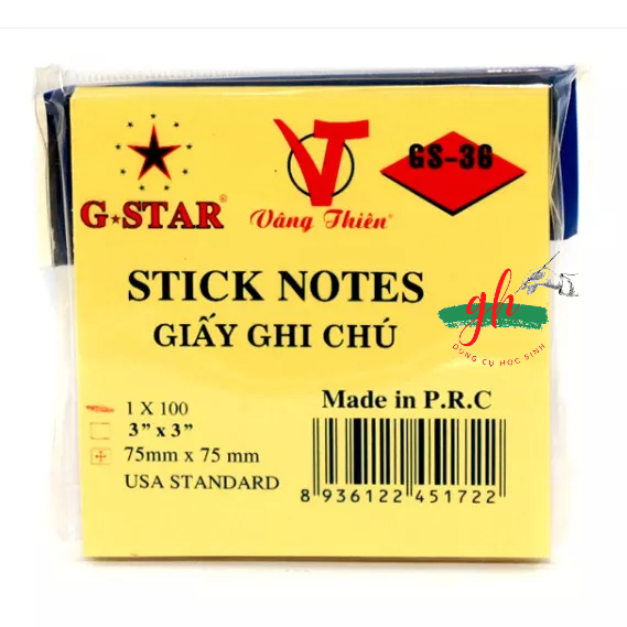 Giấy ghi chú (giấy note) 3X3 màu vàng G-STAR GS-36 (1 xấp 100 tờ)