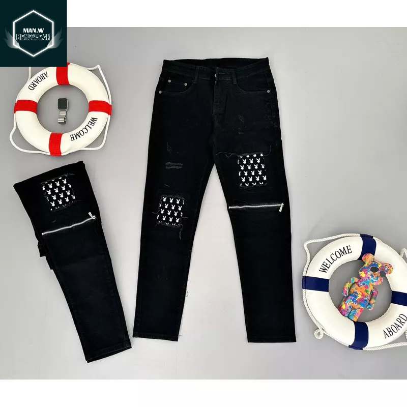 Quần jean nam khóa gối đen trơn chất bò co dãn 4 chiều mẫu mới chuẩn shop quần bò nam vá bạ thỏ