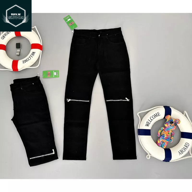 Quần jean nam khóa gối đen trơn chất bò co dãn 4 chiều mẫu mới chuẩn shop quần bò nam