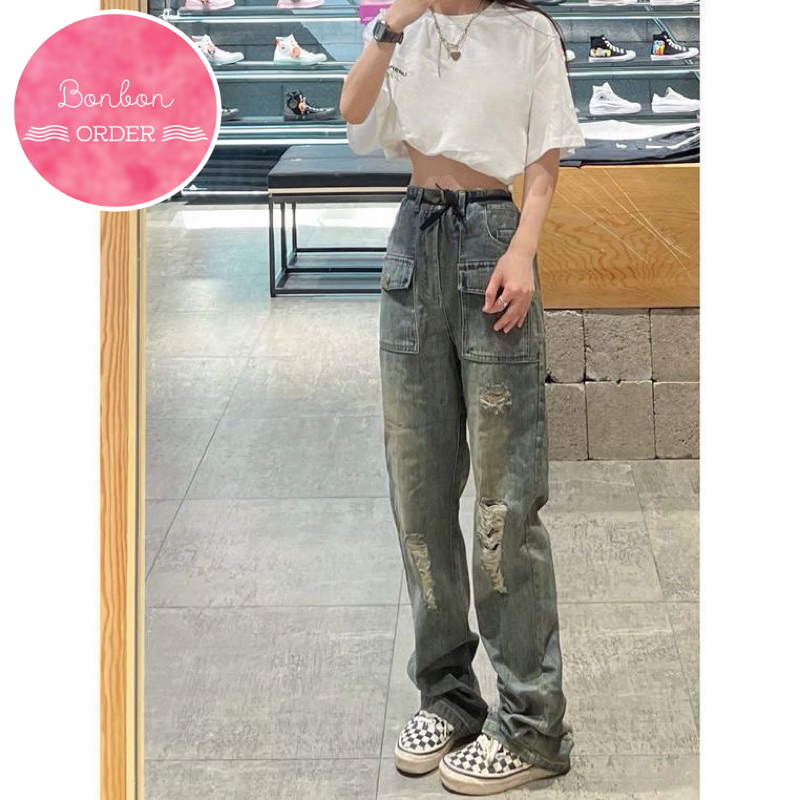 QUẦN JEAN ULZZANG ỐNG RỘNG RÁCH PHỐI TÚI HỘP XANH KHÓI - [Bonbon Order Ulzzang]