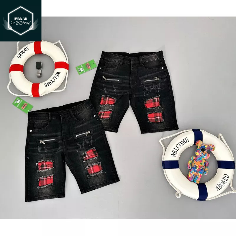 quần short jean nam đen khóa kéo lệch thêu logo nhiều mẫu mới hot nhất,vải jean dày mềm kiểu dáng trẻ trung