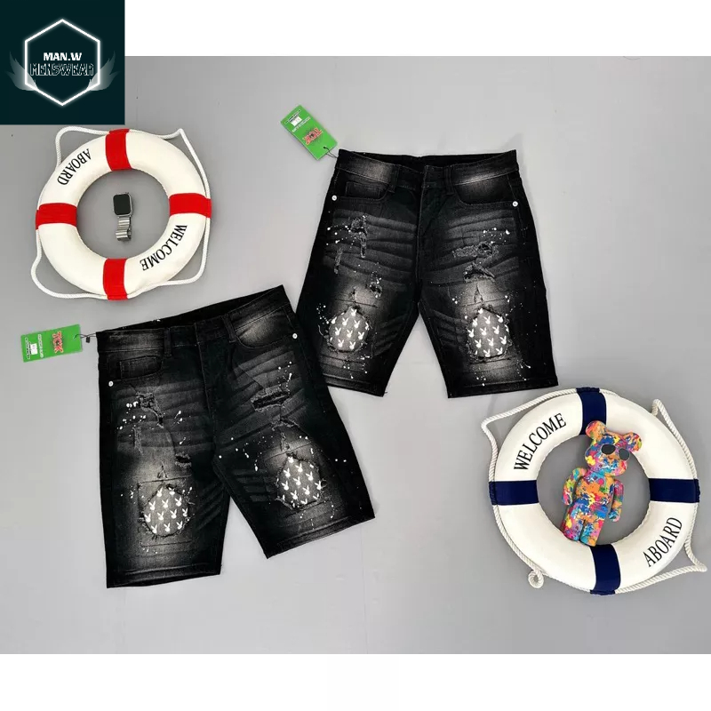 Quần short jean nam đen thuê họa tiết logo cực chất vải jean dày co dãn tốt mẫu mới giá rẻ