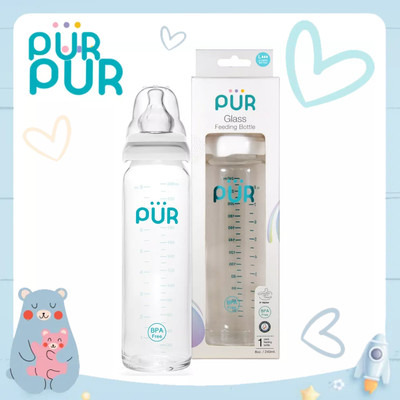 Bình sữa thủy tinh PUR 240ml, có sẵn 1 núm Comfort size L trong bình, cho bé trên 6 tháng