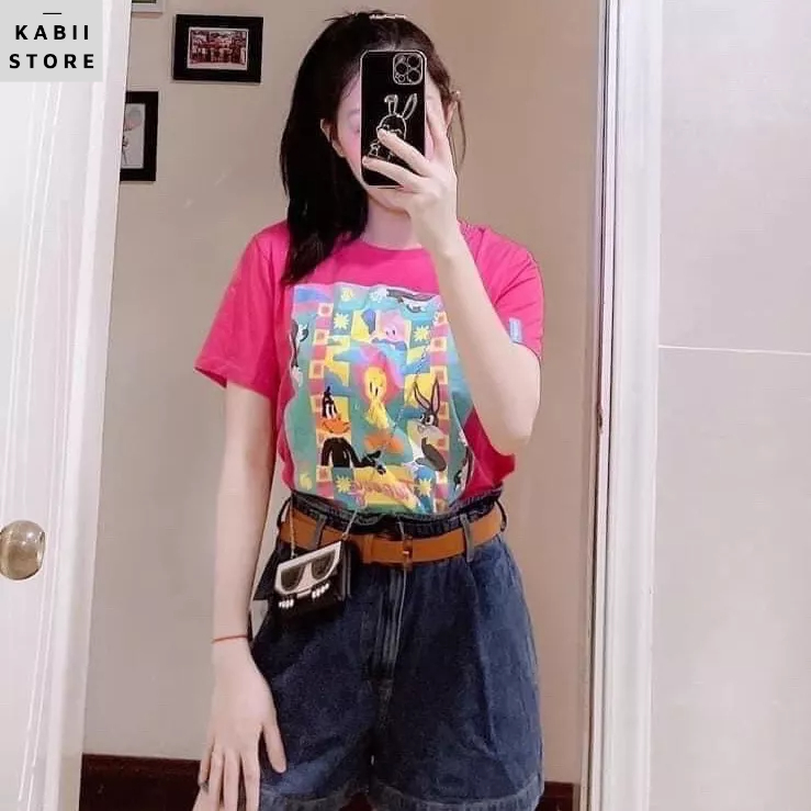 Áo phông nữ tay lỡ hoạt hình màu hồng, phông hình sắc nét chất cotton khô dày đẹp đủ size S M L