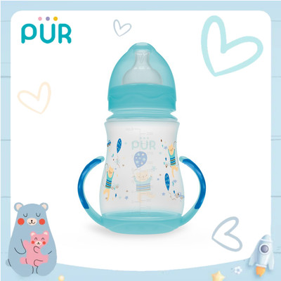 PURBình sữa cổ rộng có quai phía đáy  250ml, có sẵn 1 núm size L trong bình