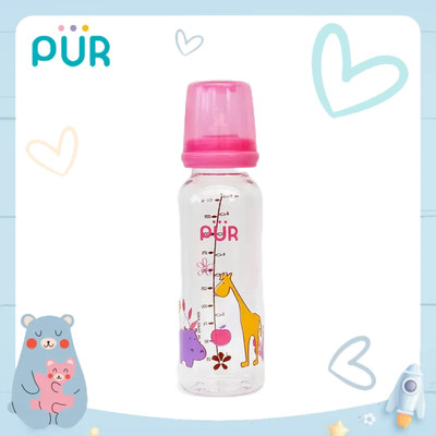 Bình sữa PUR cho bé, bình cổ thường thân thon Feeding 250ml, có sẵn 1 núm size M(3-6thang) trong bình