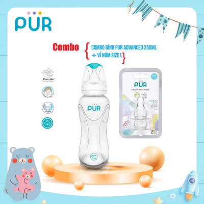 Combo bình Pur Advanced 250ml (có sẵn núm M (3-6th))+ vỉ núm size L (=size F)