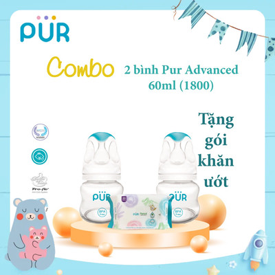 Combo 2 bình Pur Advanced 60ml cho bé từ 0-3 tháng, có sẵn núm S (0-3th), tặng gói khăn ướt