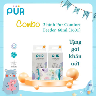 Combo 2 bình Pur Comfort Feeder 60ml cho bé sơ sinh, tặng gói khăn ướt Pur (Anti-Colic Feeding bottle)