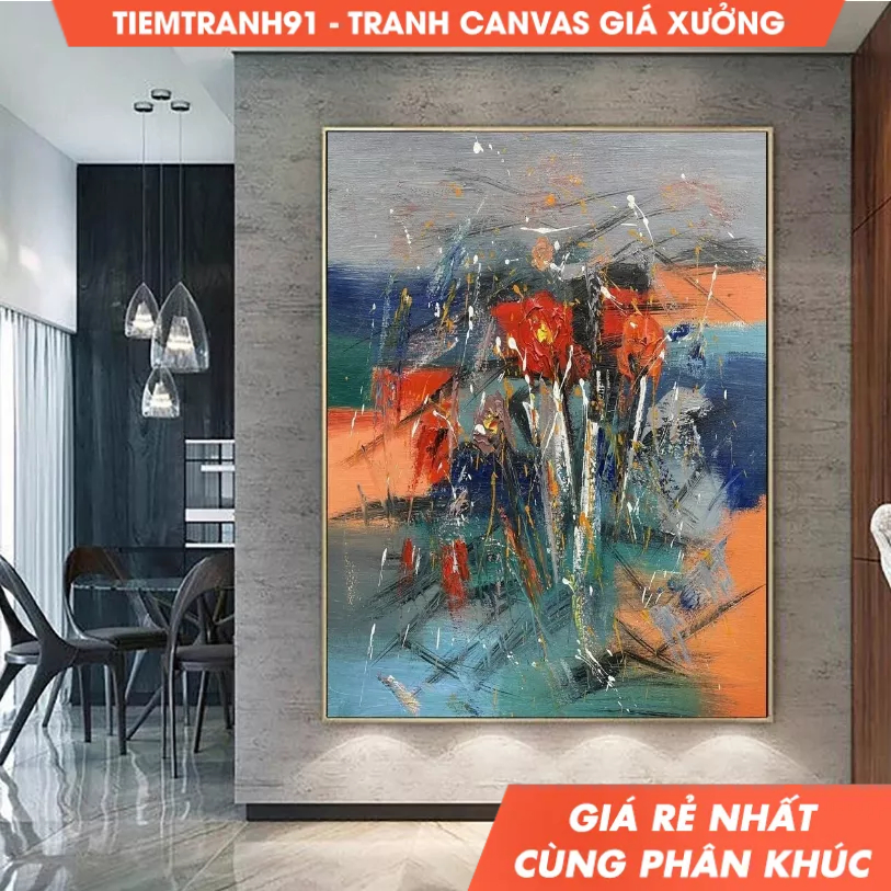 Tranh treo tường, Flower abstract painting Red Flower Painting Modern Canvas wall Art Color Flower p