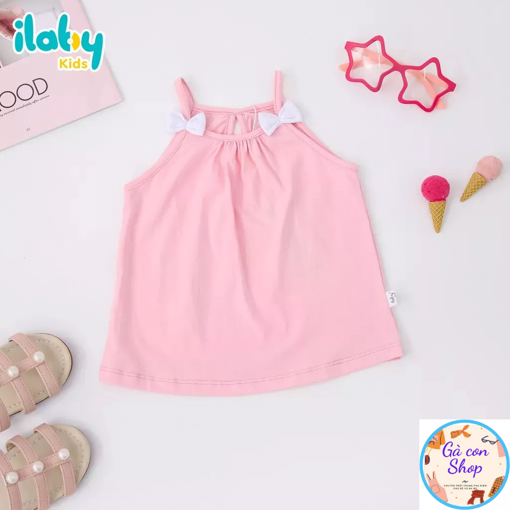 Áo thun 2 dây bé gái ILABY đính nơ vai chất liệu thun cotton thoáng mát 2-10 tuổi