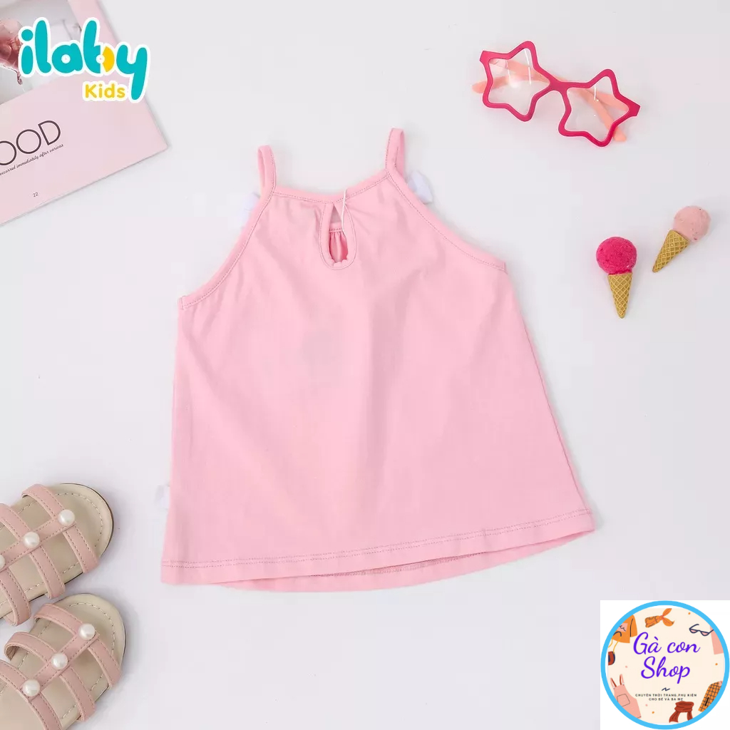 Áo thun 2 dây bé gái ILABY đính nơ vai chất liệu thun cotton thoáng mát 2-10 tuổi