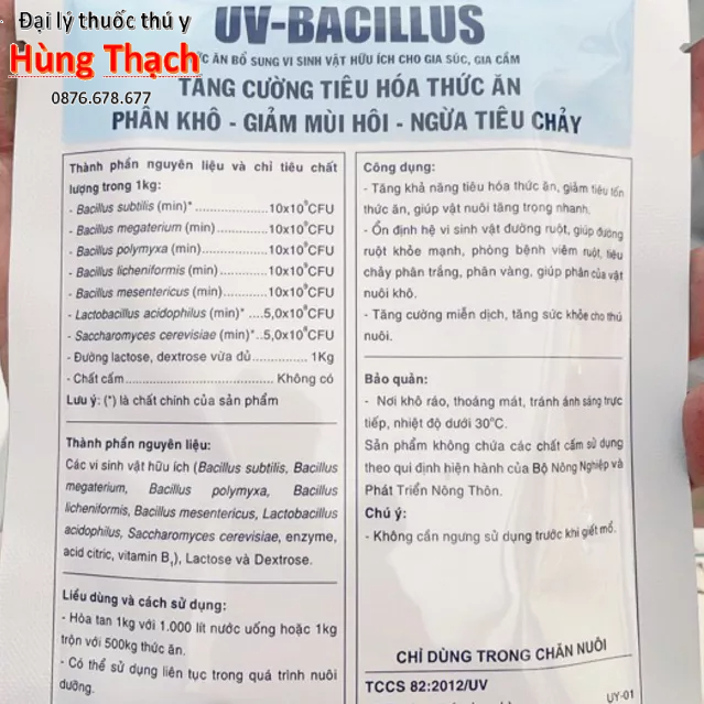 UV BACILLUS 1kg men tiêu hoá sống chịu khán sinh dùng cho Gà, vịt, trâu, bò, dê và heo