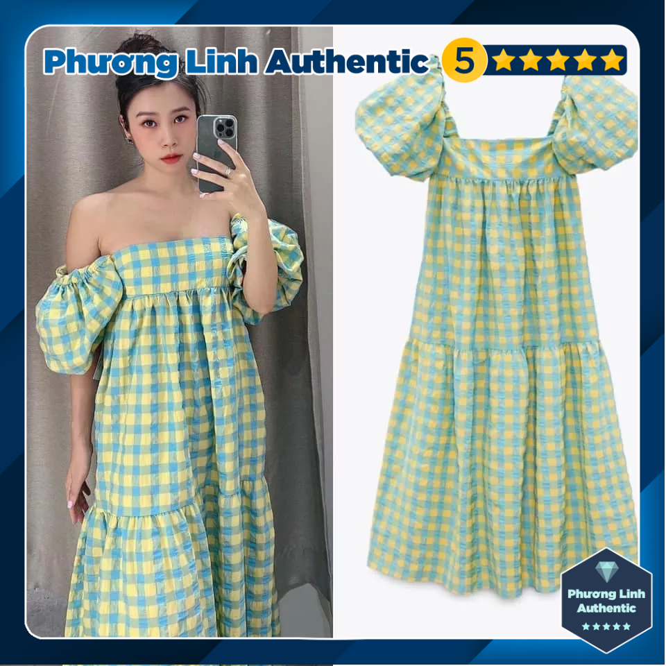 Váy kẻ cổ vuông dáng dài Zara Auth New Tag có sẵn 4688/314 4688314