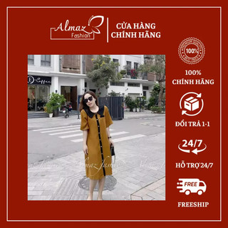 Váy suông cổ nơ cúc đồng, váy form rộng sang trọng thanh lịch phong cách Hàn quốc - Almaz Fashion