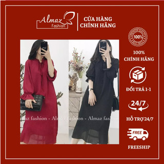  Váy thiết kế cổ bèo dập ly dáng suông form rộng bầu bí bon chen thoải mái - Almaz Fashion 