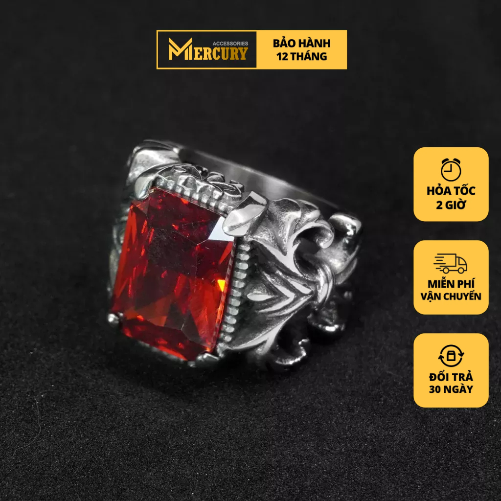 Nhẫn thời trang nam CH đính CZ đỏ Mercury