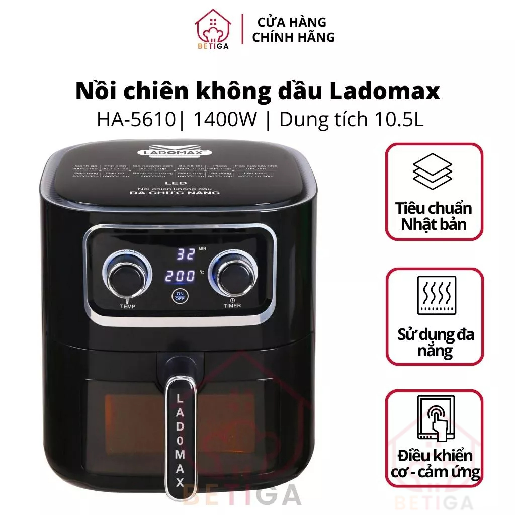 Nồi chiên không dầu dung tích 10.5 Lít, công suất 1400W, lò nướng không dầu thân màn hình Led Ladomax HA-5610