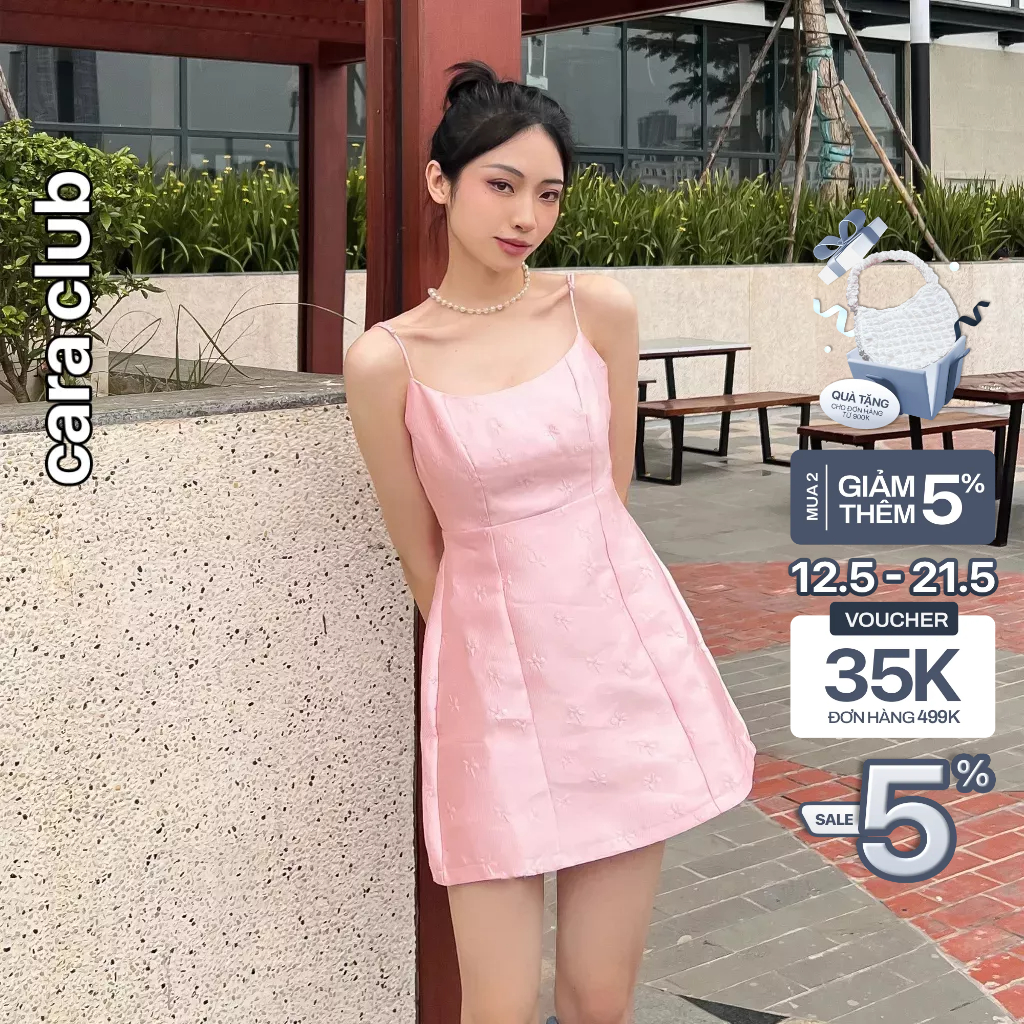 CARA Đầm ngắn nữ Tinker dáng hai dây chiết eo đơn giản dễ thương