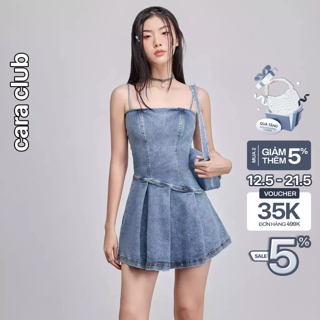 CARA Đầm ngắn nữ Donna dáng hai dây chiết eo chất vải jean trendy