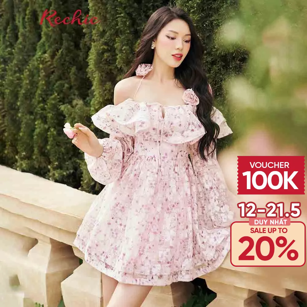 RECHIC Đầm Ngắn Nerry trễ vai tay dài vải tơ hoa nhẹ nhàng nữ tính