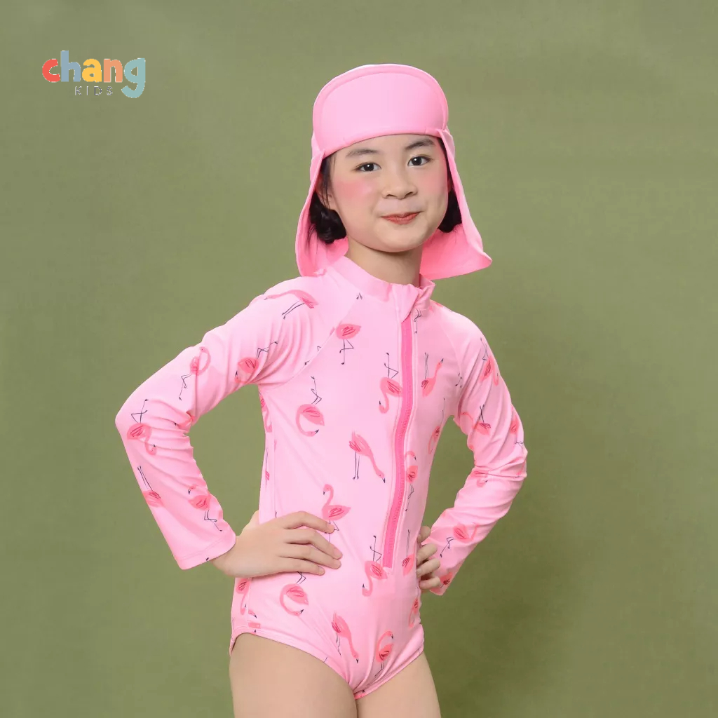 Bộ bơi liền kéo khóa dài tay bikini Hồng hạc cho bé