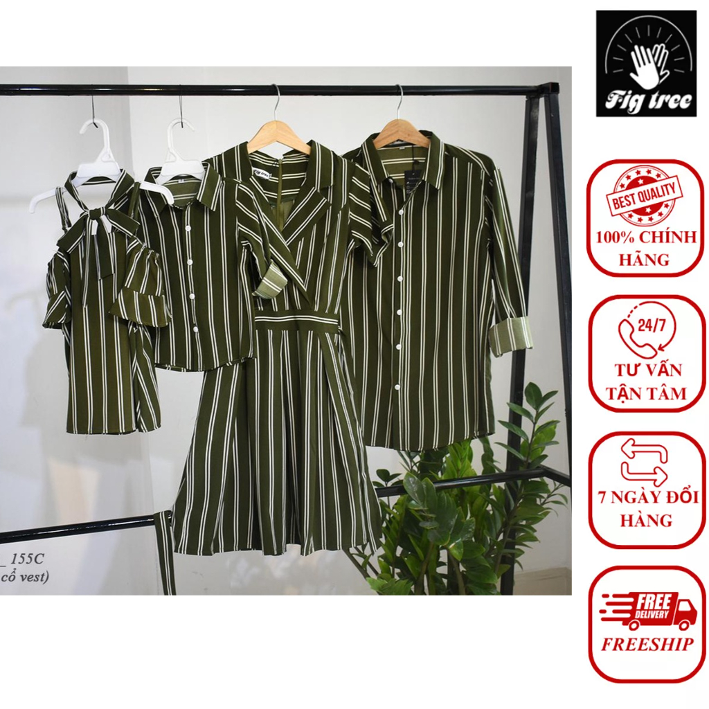Set áo gia đình sọc xanh rêu FIG TREE mã 155C( váy mẹ cổ veco hàng full size + cận cảnh)
