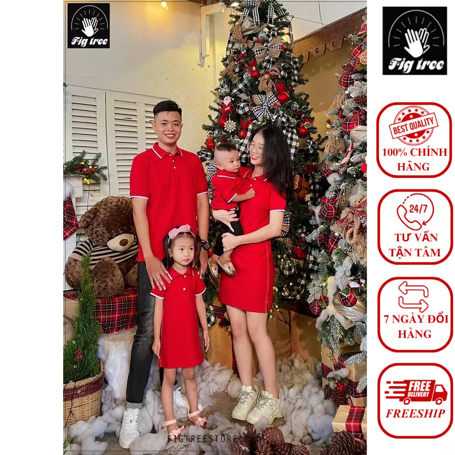 Combo Thun Polo Gia Đình Thương Hiệu Fig Tree Màu Đỏ Đón Tết Rực Rỡ