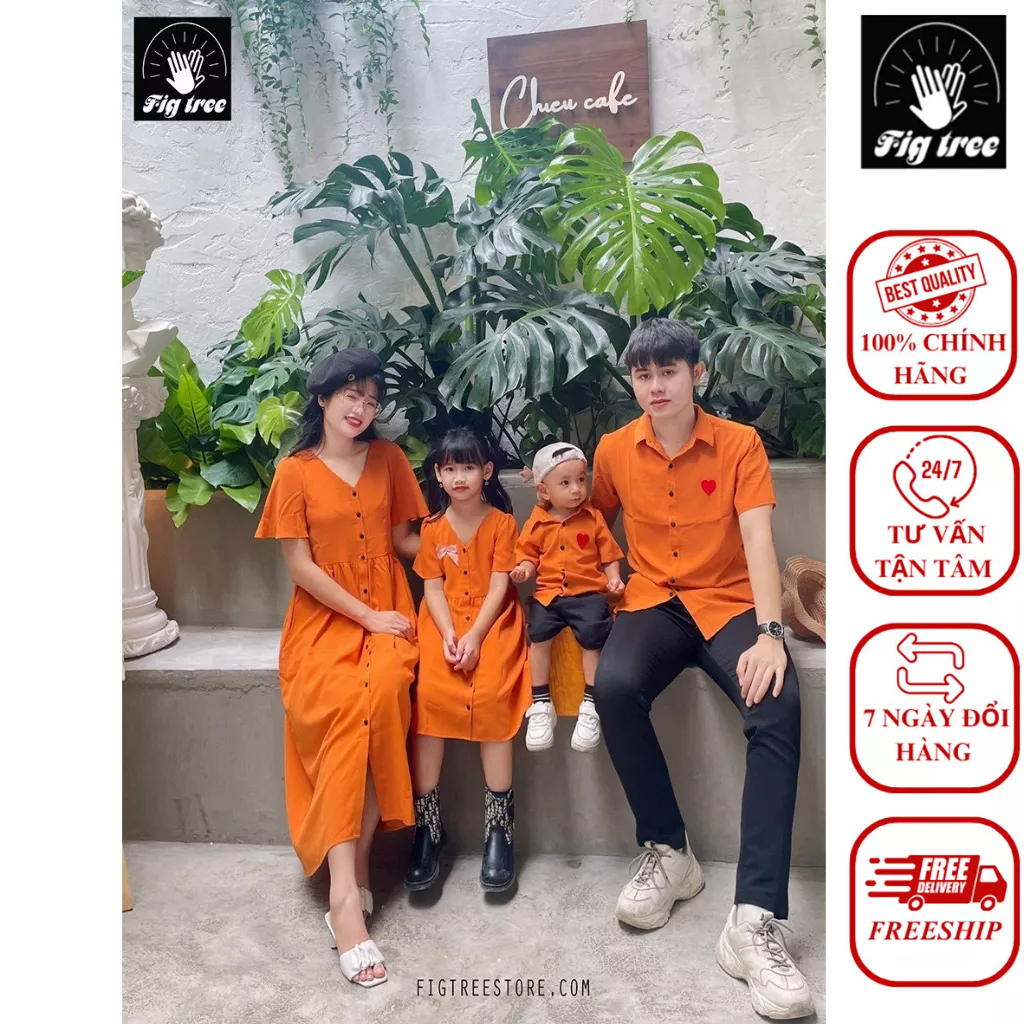 Set Sơ Mi Váy Gia Đình Fig Tree Đũi Cam Gạch Siêu Hot Chào Hè
