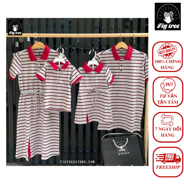 Set áo thun POLO Gia Đình Fig Tree mẫu mới sọc đỏ xám vừa về hàng ( kèm hình cận cảnh sp )