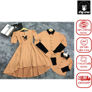 Set Sơ Mi Váy Gia Đình FIGTREE Mùa Nude Chất Lụa Satin Dự Tiệc Cực Sang Chảnh