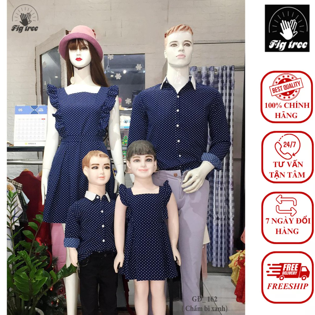 Set Sơ Mi Váy Gia Đình FIGTREE Chấm Bi Xanh Mã 162 Siêu Xinh Tươi